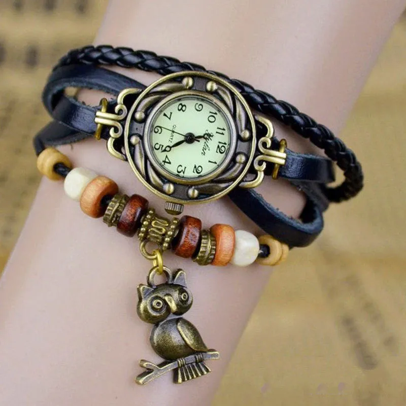 New Relojes Mujer Fashion Women Casual Leather Weave Wrap Wrist OWL Watch Charm Bracelet Watches